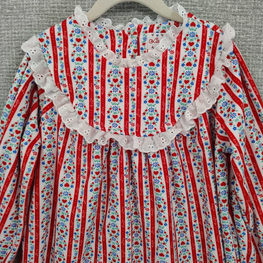 Lanz Kids Nightgown Pj Sleep‎ Shirt Flannel Long Sleeve Red Stripe Floral Sz 6/7
